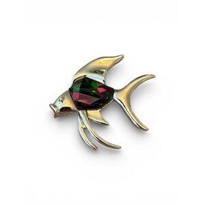 Vintage Sarah Coventry Signed Watermelon Rhinestone Gold Tone Fish Brooch Pin